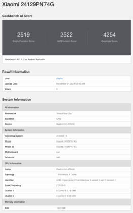 Xiaomi 15 Geekbench AI